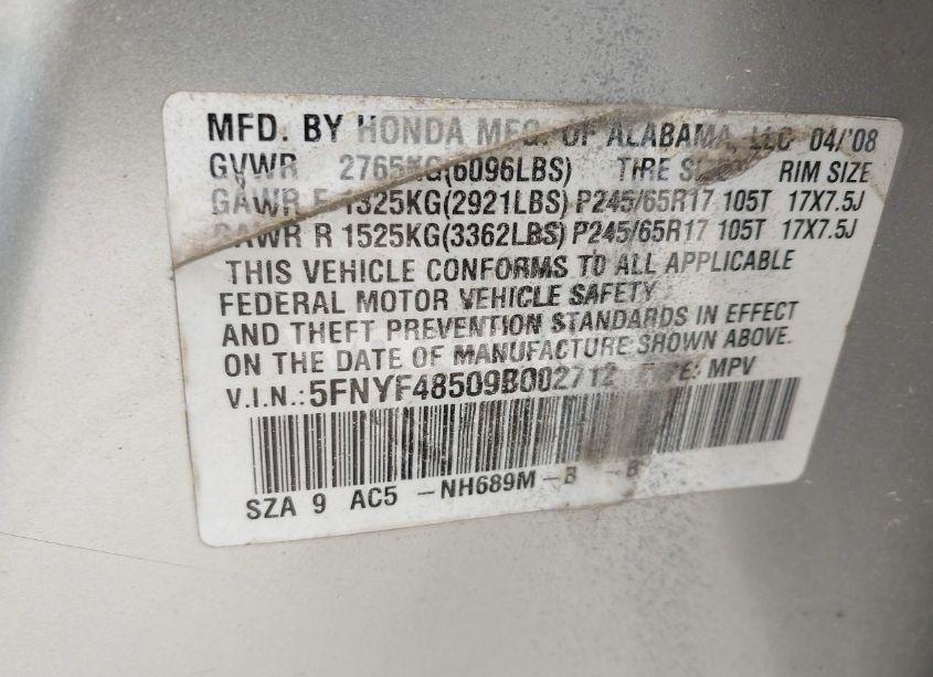 Photo 9 of 2009 Honda Pilot EX-L (VIN 5FNYF48509B002712)