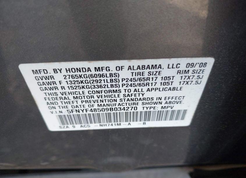 Photo 9 of 2009 Honda Pilot EX-L (VIN 5FNYF48509B034270)