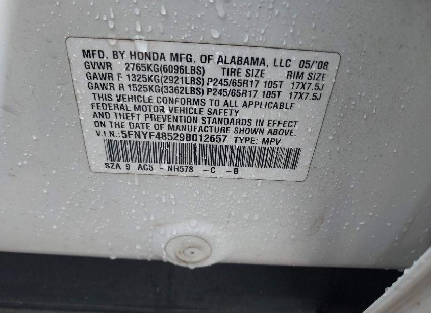 Photo 9 of 2009 Honda Pilot EX-L (VIN 5FNYF48529B012657)