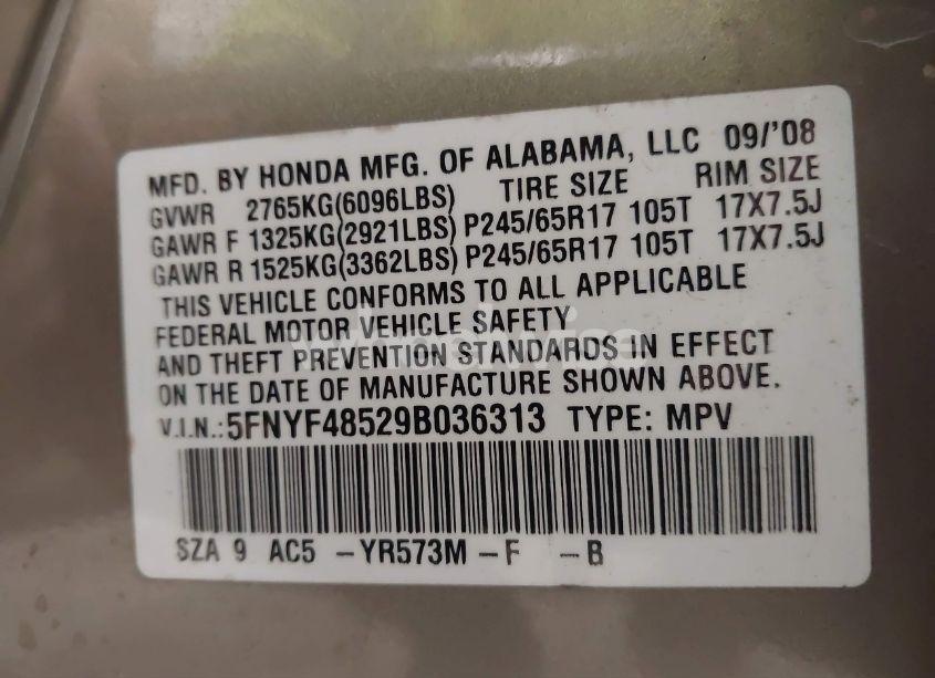 Photo 9 of 2009 Honda Pilot EX-L (VIN 5FNYF48529B036313)