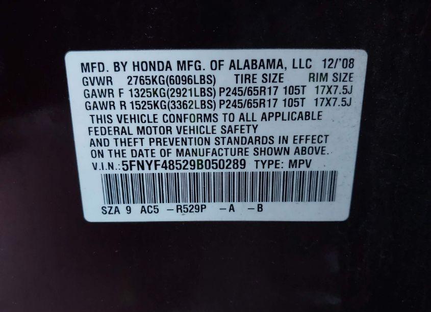 Photo 9 of 2009 Honda Pilot EX-L (VIN 5FNYF48529B050289)