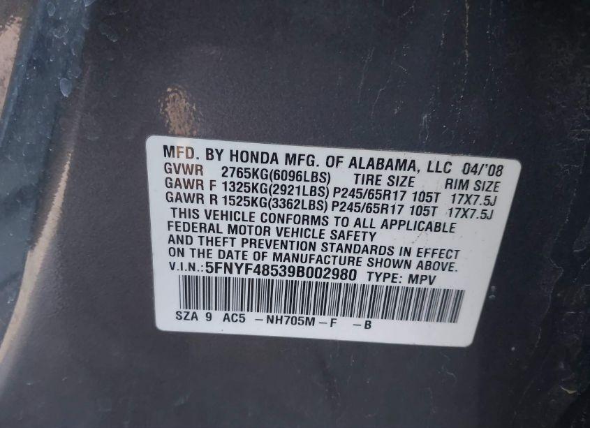 Photo 9 of 2009 Honda Pilot EX-L (VIN 5FNYF48539B002980)