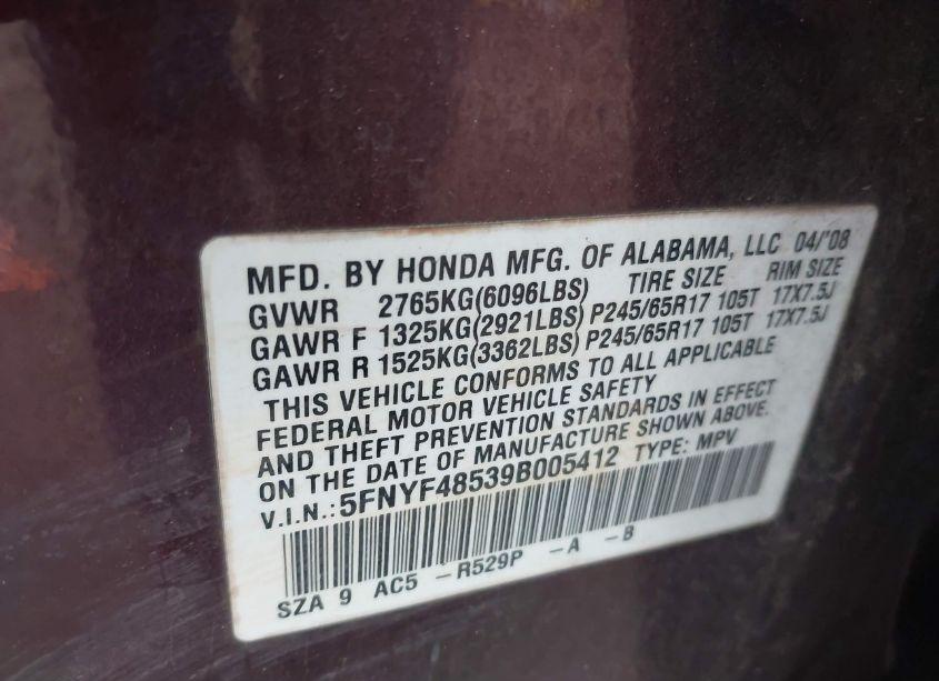 Photo 9 of 2009 Honda Pilot EX-L (VIN 5FNYF48539B005412)