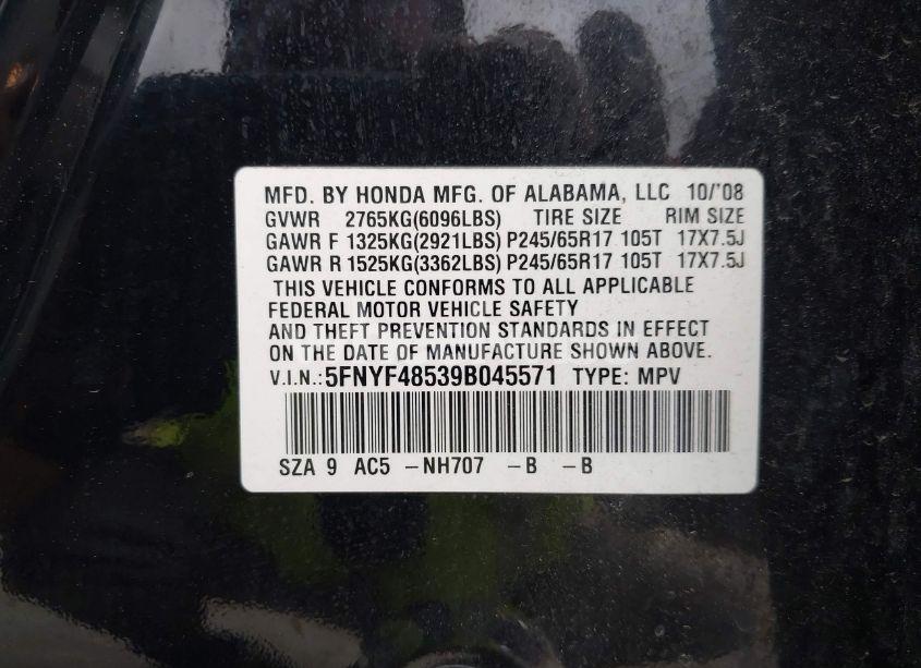 Photo 9 of 2009 Honda Pilot EX-L (VIN 5FNYF48539B045571)