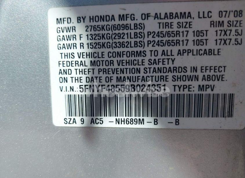 Photo 9 of 2009 Honda Pilot EX-L (VIN 5FNYF48559B024351)