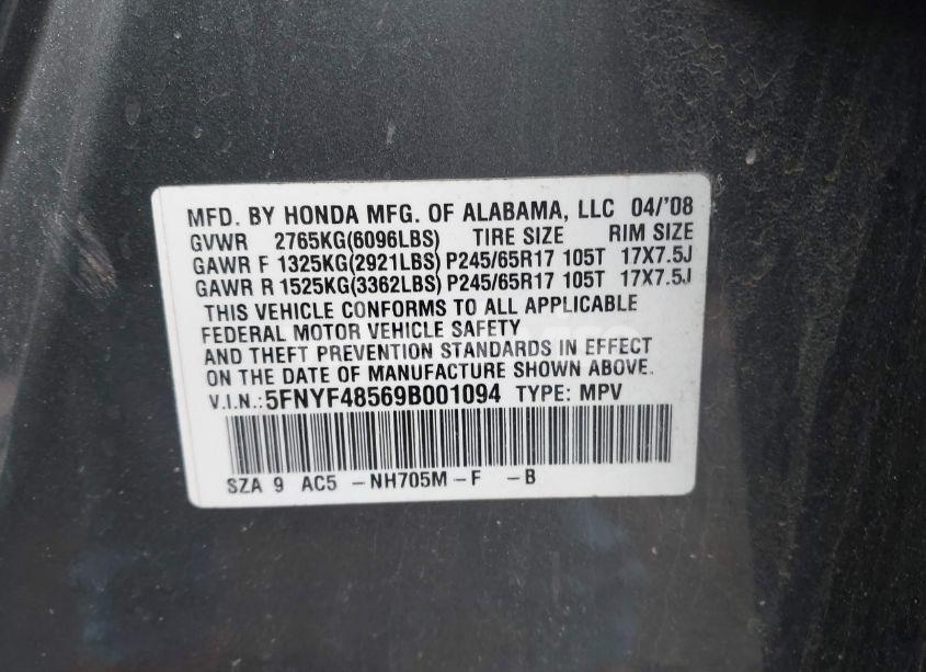 Photo 9 of 2009 Honda Pilot EX-L (VIN 5FNYF48569B001094)