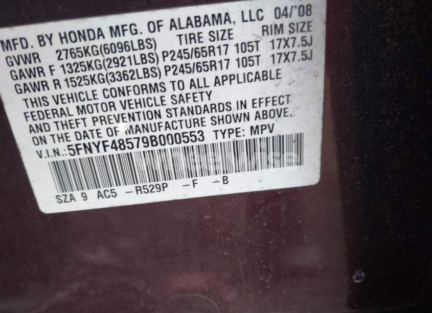 Photo 9 of 2009 Honda Pilot EX-L (VIN 5FNYF48579B000553)