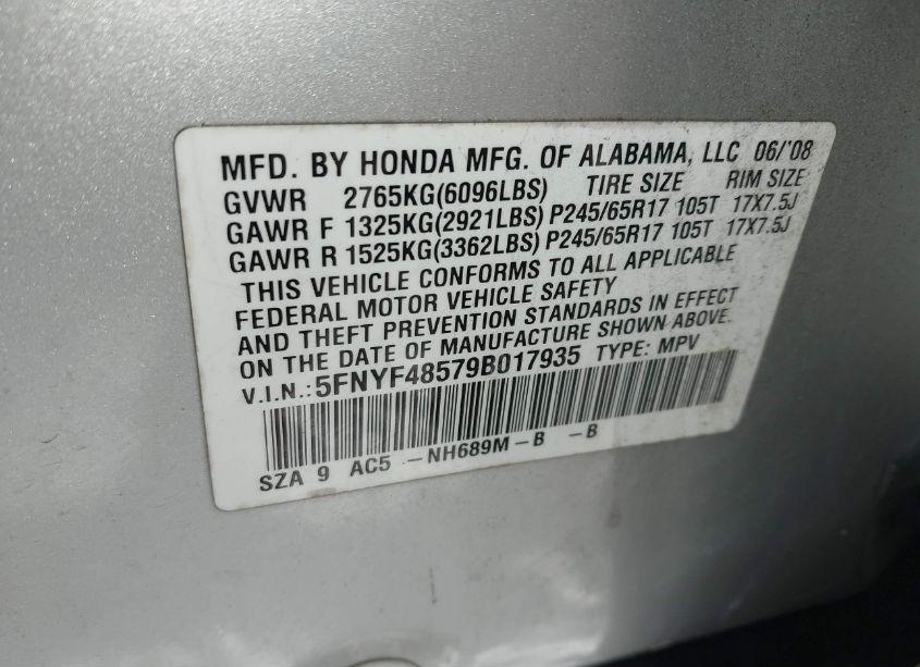 Photo 9 of 2009 Honda Pilot EX-L (VIN 5FNYF48579B017935)