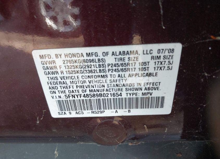 Photo 9 of 2009 Honda Pilot EX-L (VIN 5FNYF48589B021654)