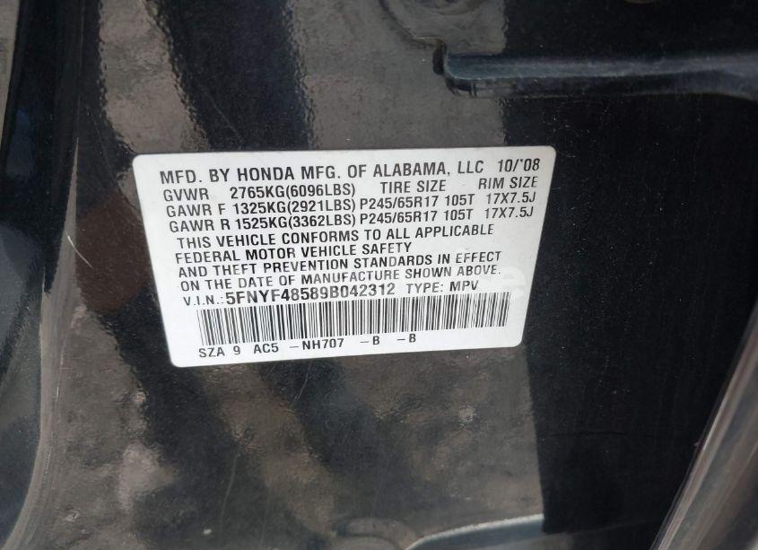 Photo 9 of 2009 Honda Pilot EX-L (VIN 5FNYF48589B042312)