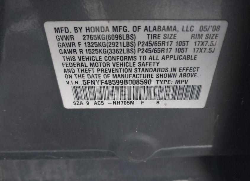 Photo 9 of 2009 Honda Pilot EX-L (VIN 5FNYF48599B008590)