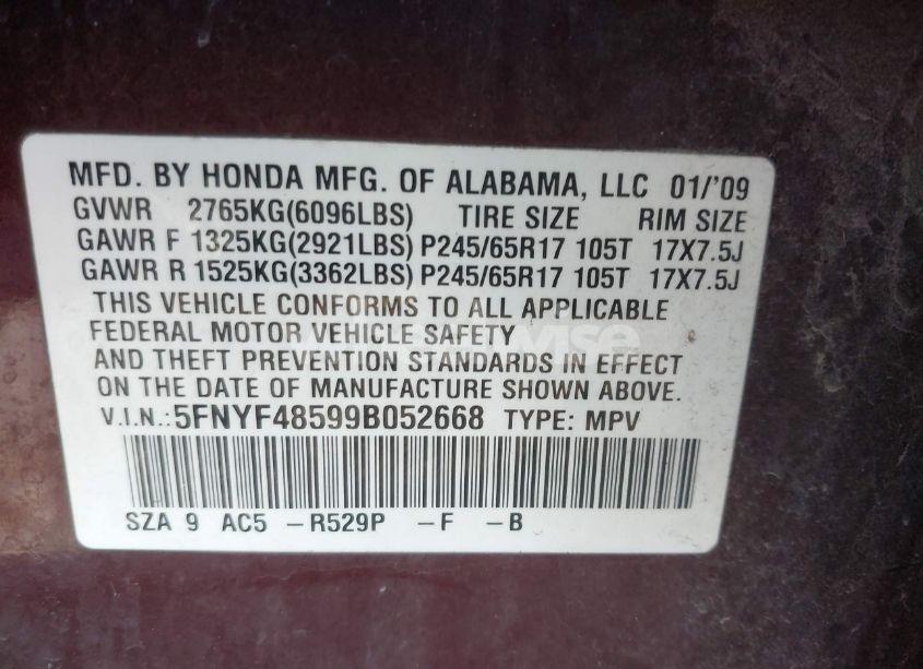 Photo 9 of 2009 Honda Pilot EX-L (VIN 5FNYF48599B052668)