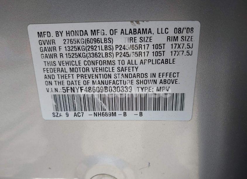 Photo 9 of 2009 Honda Pilot EX-L (VIN 5FNYF48609B030339)