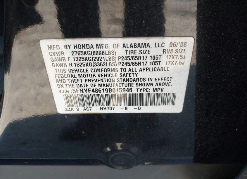 Photo 9 of 2009 Honda Pilot EX-L (VIN 5FNYF48619B015946)