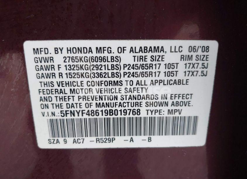Photo 9 of 2009 Honda Pilot EX-L (VIN 5FNYF48619B019768)