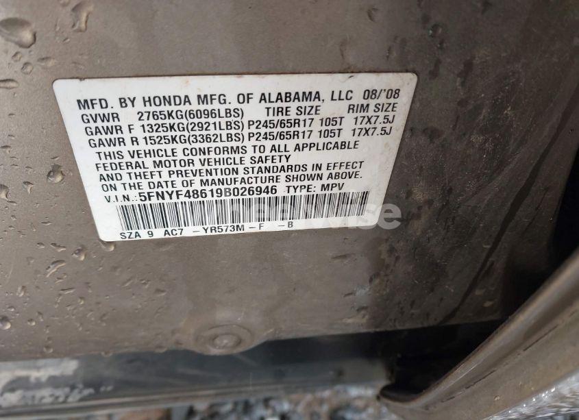 Photo 9 of 2009 Honda Pilot EX-L (VIN 5FNYF48619B026946)