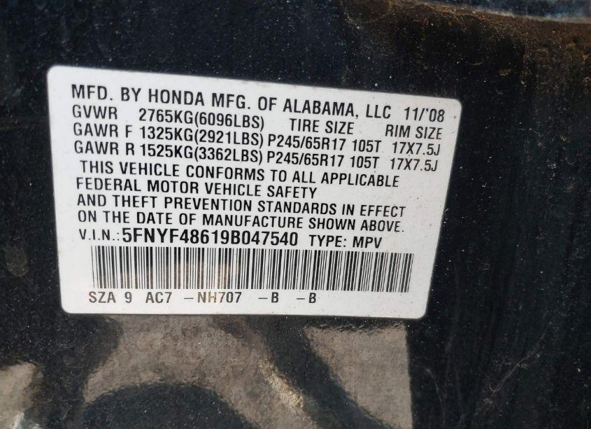 Photo 9 of 2009 Honda Pilot EX-L (VIN 5FNYF48619B047540)