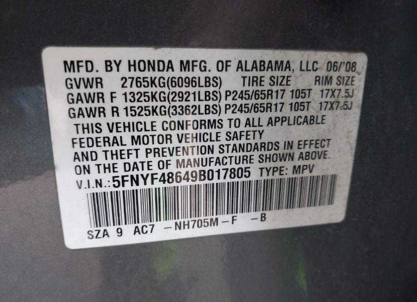 Photo 9 of 2009 Honda Pilot EX-L (VIN 5FNYF48649B017805)