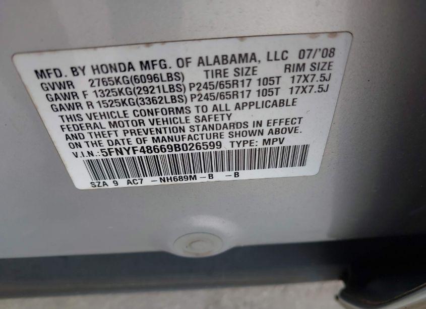 Photo 9 of 2009 Honda Pilot EX-L (VIN 5FNYF48669B026599)