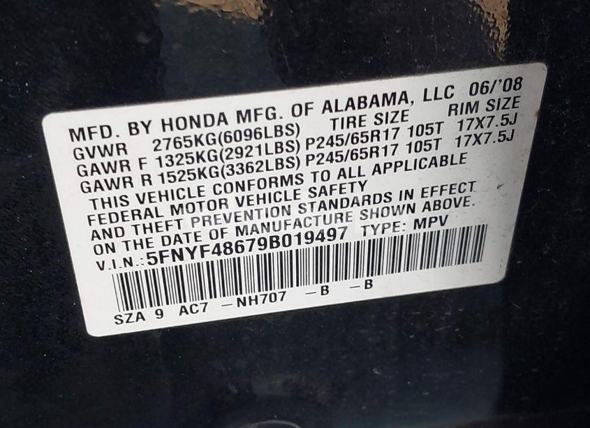 Photo 9 of 2009 Honda Pilot EX-L (VIN 5FNYF48679B019497)