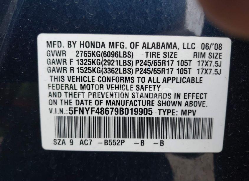 Photo 9 of 2009 Honda Pilot EX-L (VIN 5FNYF48679B019905)