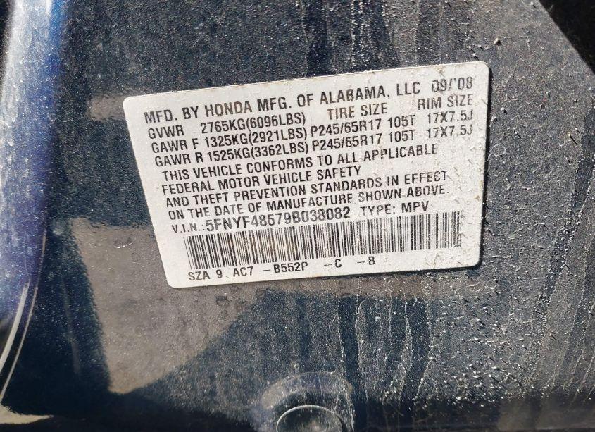 Photo 9 of 2009 Honda Pilot EX-L (VIN 5FNYF48679B038082)