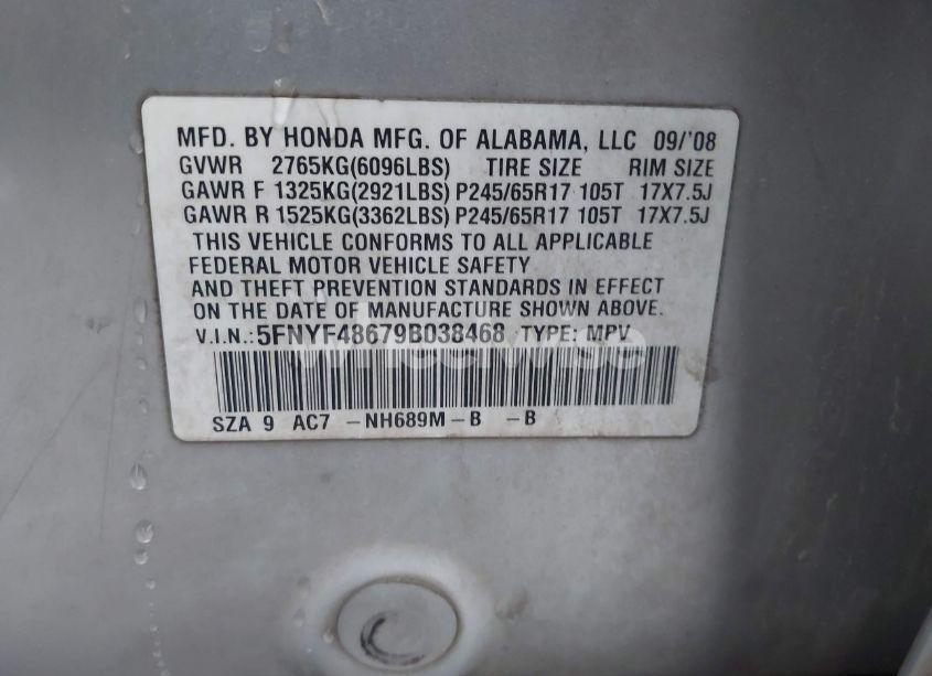 Photo 9 of 2009 Honda Pilot EX-L (VIN 5FNYF48679B038468)