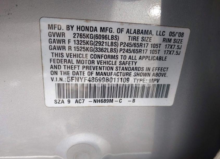 Photo 9 of 2009 Honda Pilot EX-L (VIN 5FNYF48699B011109)