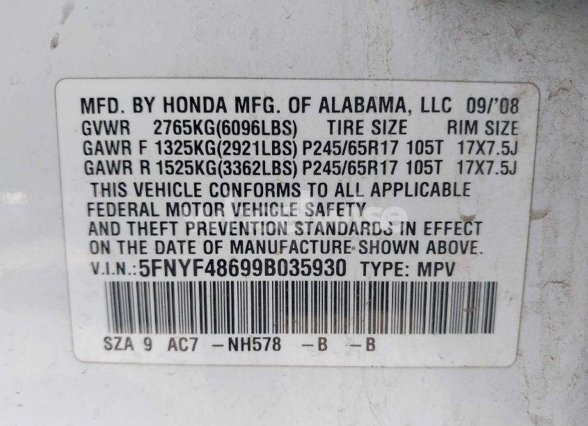 Photo 9 of 2009 Honda Pilot EX-L (VIN 5FNYF48699B035930)