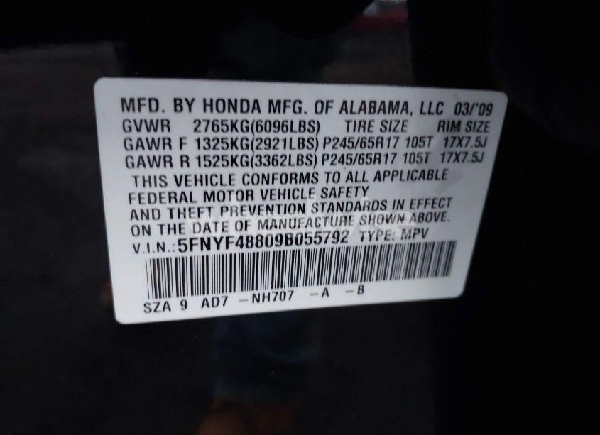 Photo 9 of 2009 Honda Pilot TOURING (VIN 5FNYF48809B055792)