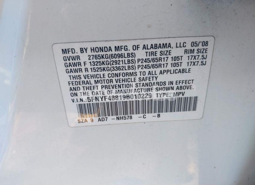 Photo 9 of 2009 Honda Pilot TOURING (VIN 5FNYF48819B010229)