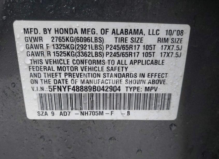 Photo 9 of 2009 Honda Pilot TOURING (VIN 5FNYF48889B042904)