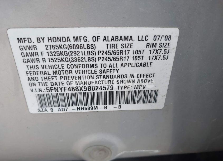 Photo 9 of 2009 Honda Pilot TOURING (VIN 5FNYF488X9B024579)