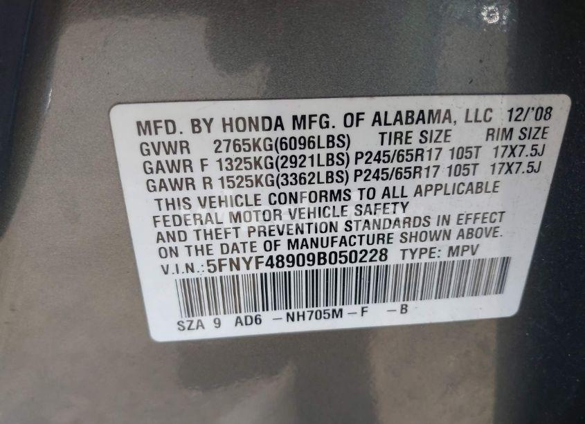 Photo 9 of 2009 Honda Pilot TOURING (VIN 5FNYF48909B050228)