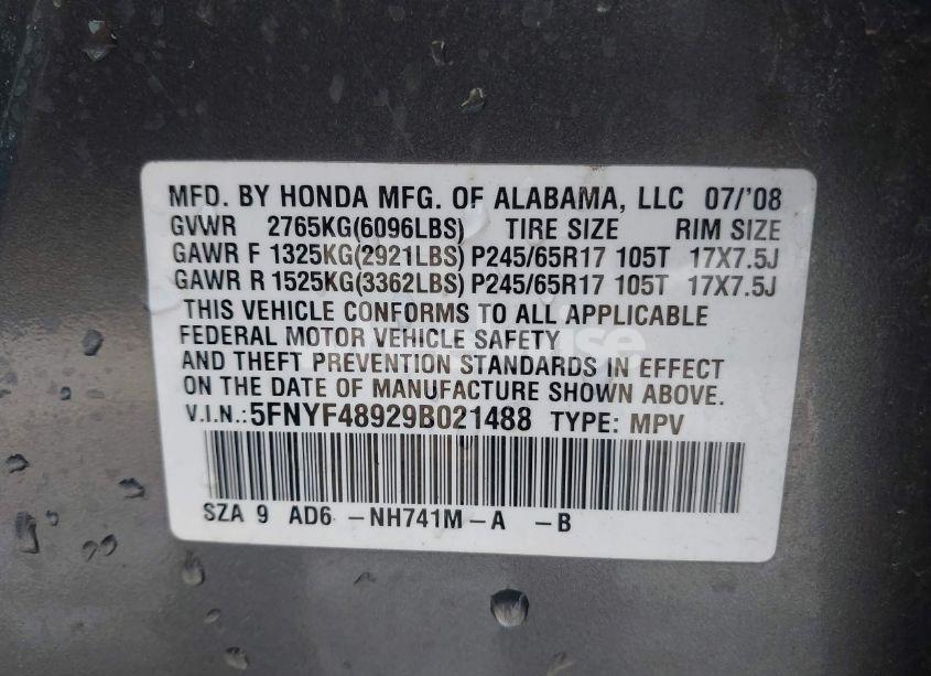 Photo 9 of 2009 Honda Pilot TOURING (VIN 5FNYF48929B021488)