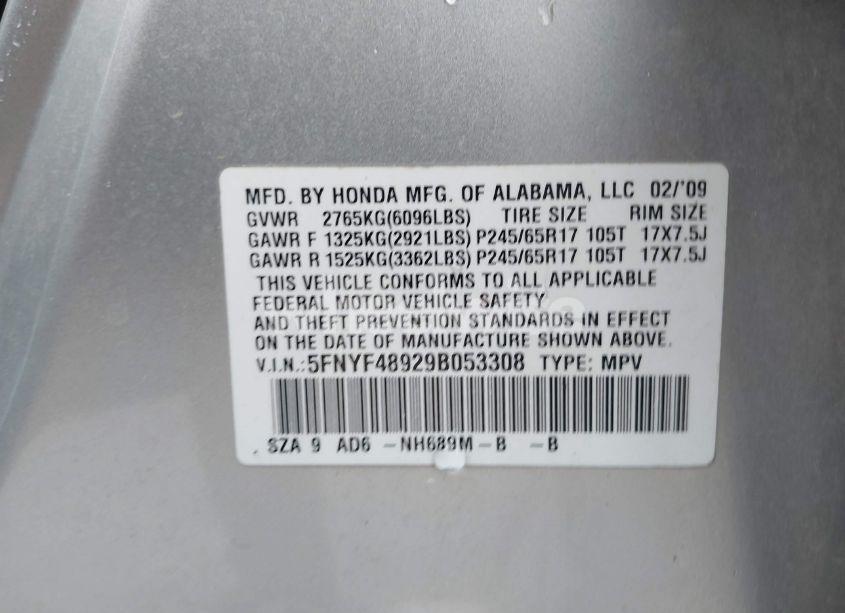 Photo 9 of 2009 Honda Pilot TOURING (VIN 5FNYF48929B053308)