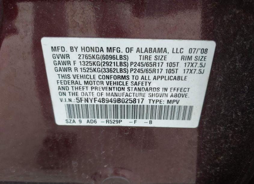 Photo 9 of 2009 Honda Pilot TOURING (VIN 5FNYF48949B025817)