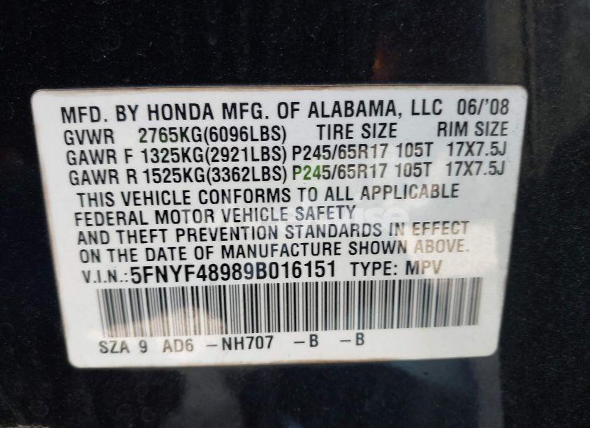 Photo 9 of 2009 Honda Pilot TOURING (VIN 5FNYF48989B016151)