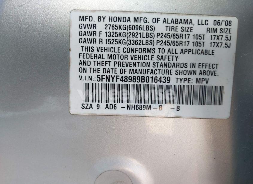 Photo 9 of 2009 Honda Pilot TOURING (VIN 5FNYF48989B016439)
