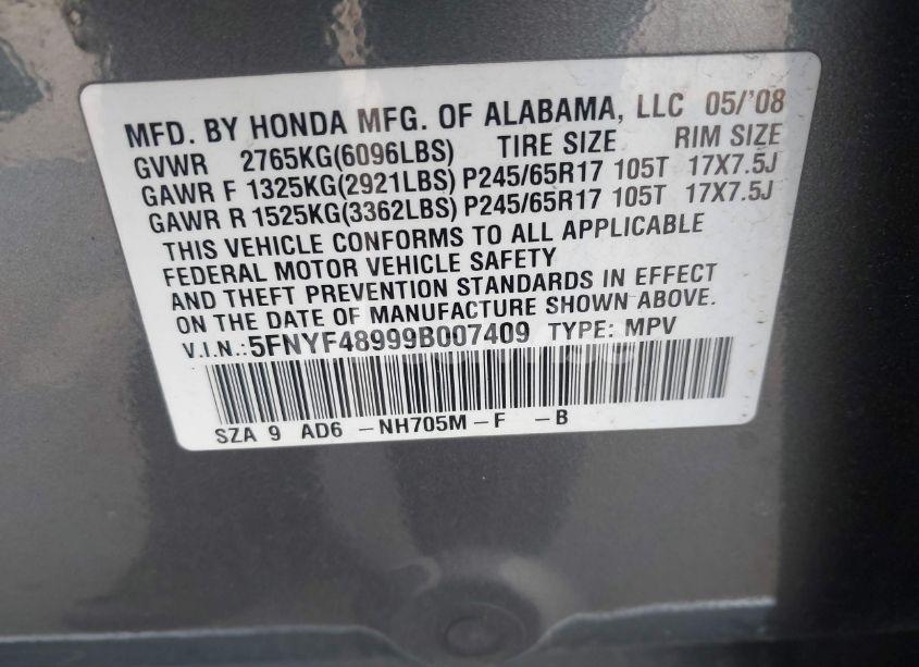 Photo 9 of 2009 Honda Pilot TOURING (VIN 5FNYF48999B007409)