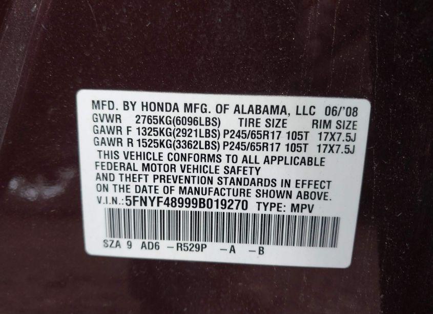 Photo 9 of 2009 Honda Pilot TOURING (VIN 5FNYF48999B019270)