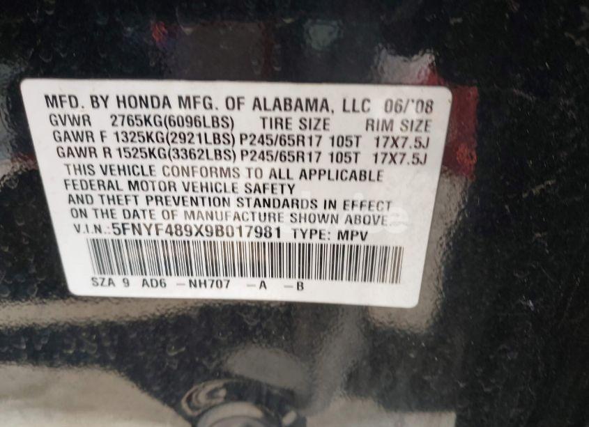 Photo 9 of 2009 Honda Pilot TOURING (VIN 5FNYF489X9B017981)