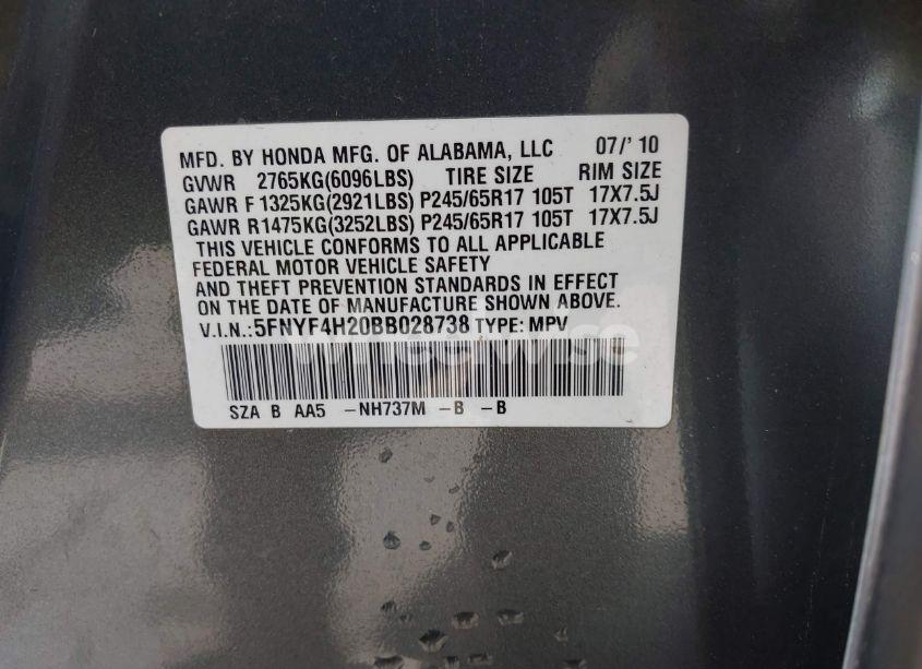 Photo 9 of 2011 Honda Pilot LX (VIN 5FNYF4H20BB028738)