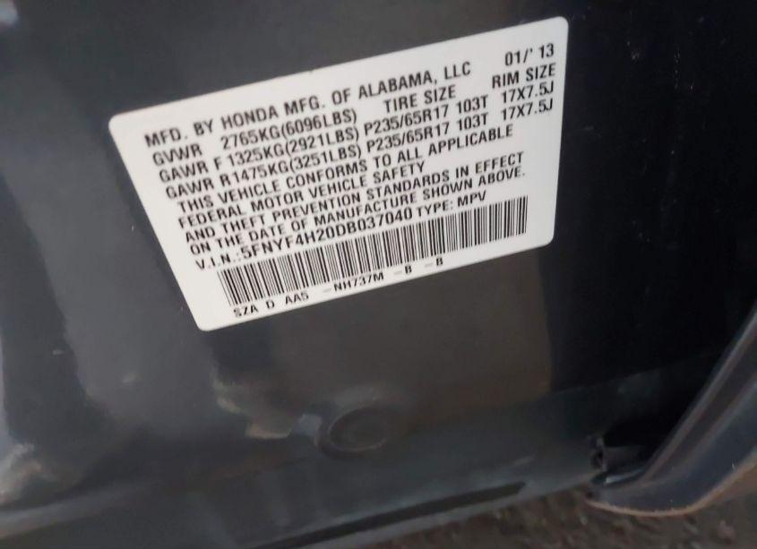 Photo 9 of 2013 Honda Pilot LX (VIN 5FNYF4H20DB037040)