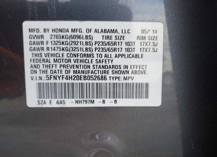 Photo 9 of 2014 Honda Pilot LX (VIN 5FNYF4H20EB052686)