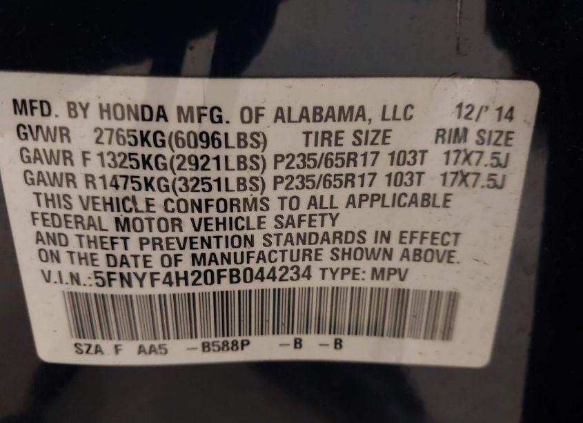 Photo 9 of 2015 Honda Pilot LX (VIN 5FNYF4H20FB044234)