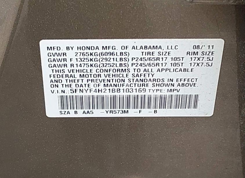 Photo 9 of 2011 Honda Pilot LX (VIN 5FNYF4H21BB103169)