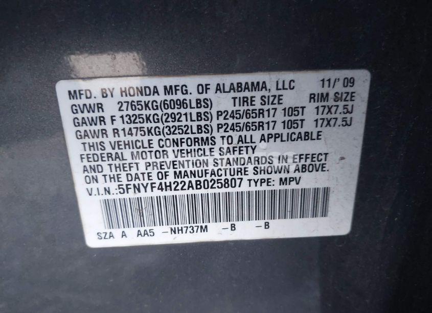 Photo 9 of 2010 Honda Pilot LX (VIN 5FNYF4H22AB025807)