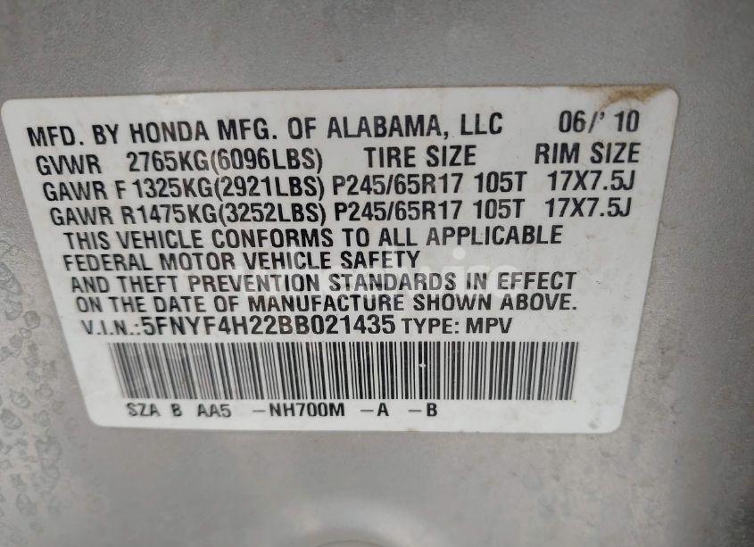 Photo 9 of 2011 Honda Pilot LX (VIN 5FNYF4H22BB021435)