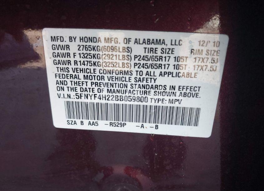 Photo 9 of 2011 Honda Pilot LX (VIN 5FNYF4H22BB059800)